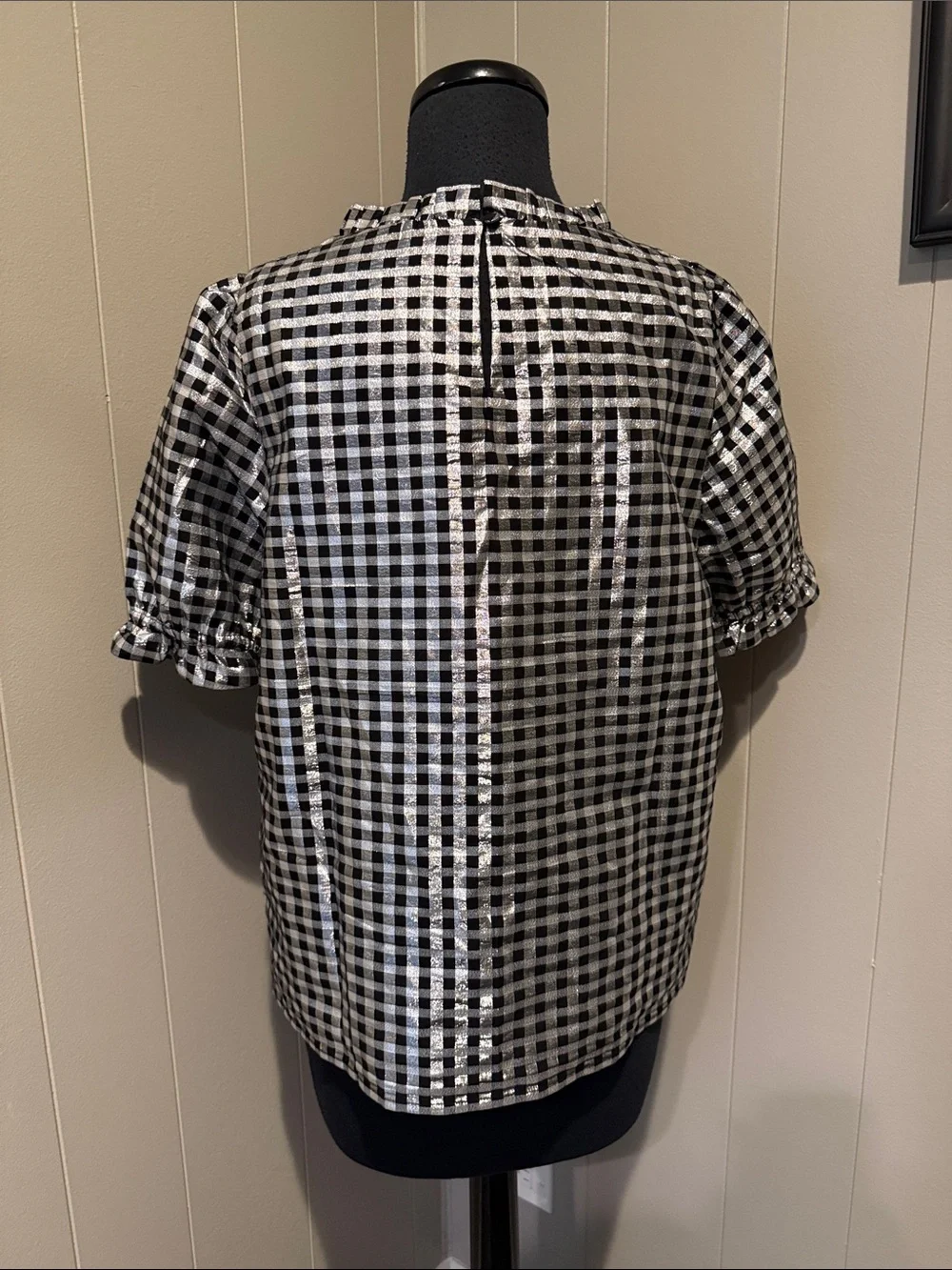 J. Crew Women’s Medium Black and Silver Gingham Puff-Sleeve Blouse